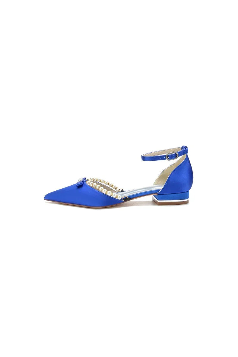 Pearl Bow Buckle Strap Pointed Toe Flats