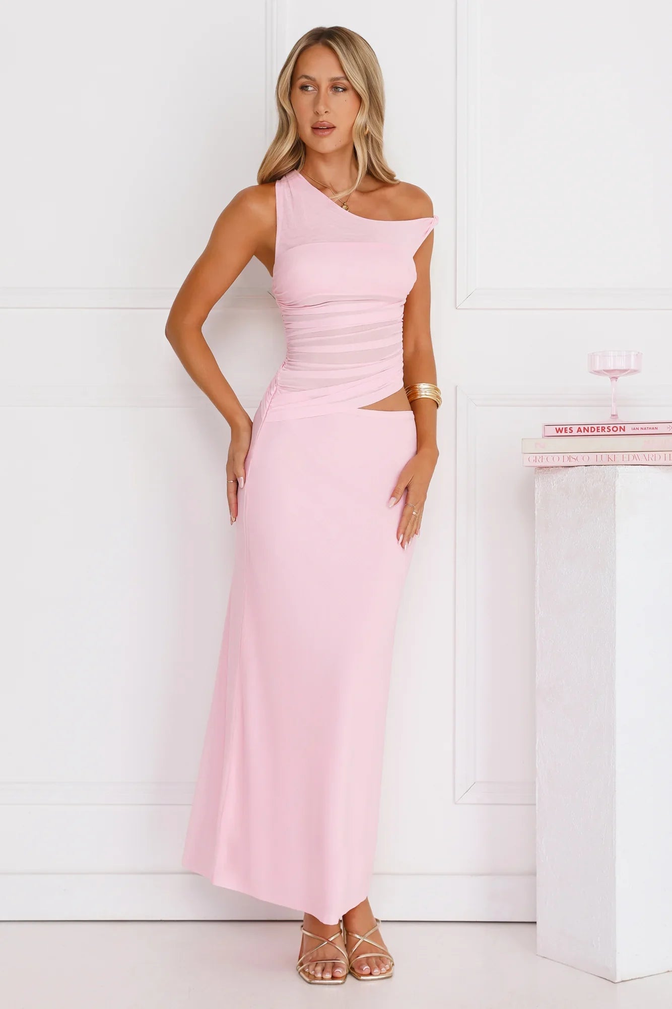 Everyday Pretty Off Shoulder Mesh Maxi Dress Pink