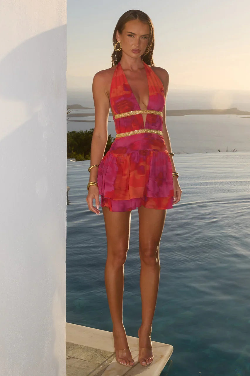 XYLIA HALTER LOW PLUNGE MINI DRESS SURI ORANGE