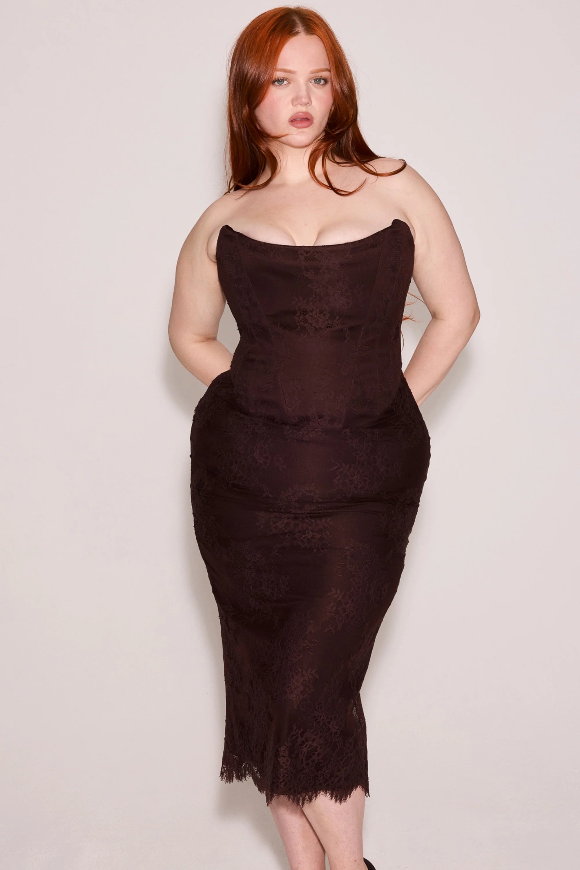 bitter chocolate lace corset midi dress bolero