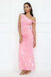 Sultry Poise Mesh Off Shoulder Maxi Dress Pink