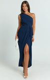 Namaari Midi Dress Faux Wrap One Shoulder Dress in Navy