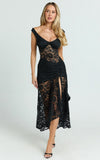 Tatum Midi Dress Lace Off Shoulder Side Split Dress in Black