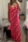Straps Sheath Champagne Ruffle Maxi Bridesmaid Dress
