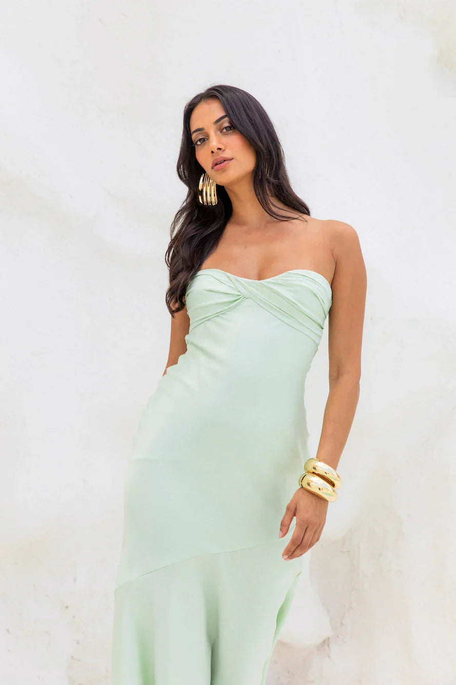 Heritage Strapless Satin Maxi Dress Sage