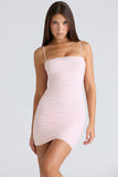 ballerina pink gathered stretch mesh mini dress