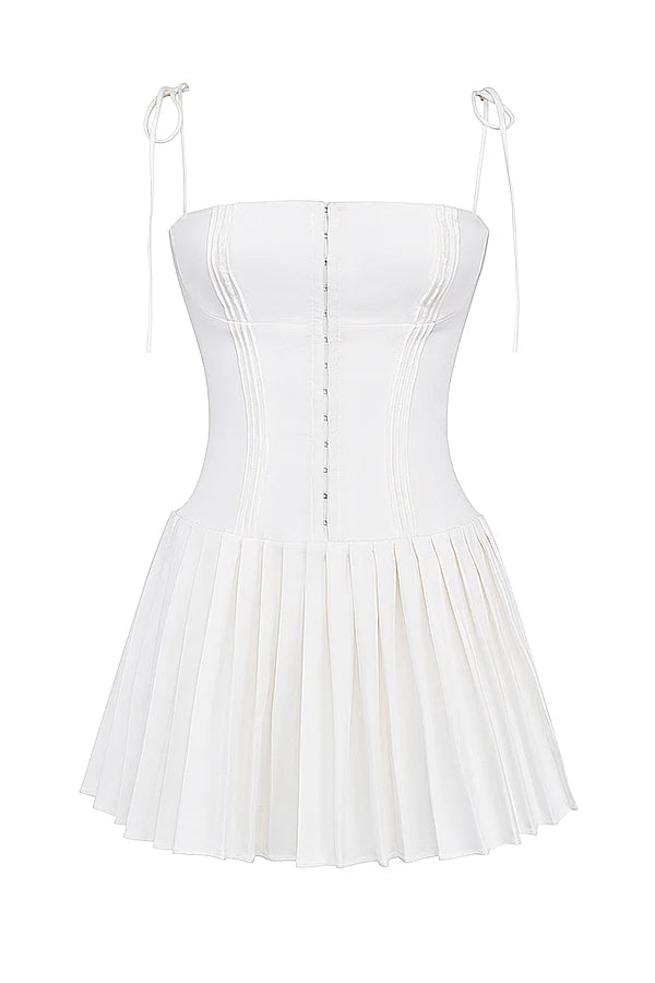 white pleated mini dress