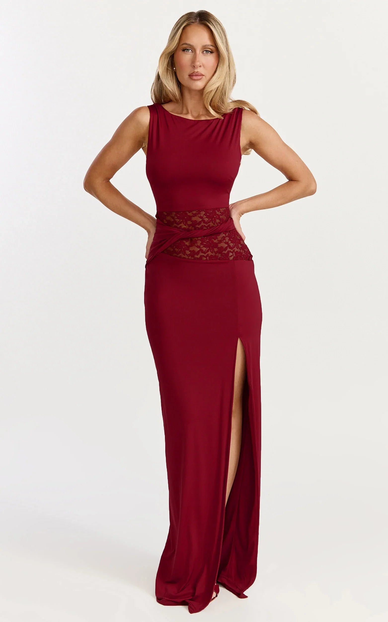 Alberta Maxi Dress Spliced Sheer Lace Column Dress in Wine