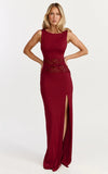 Alberta Maxi Dress Spliced Sheer Lace Column Dress in Wine