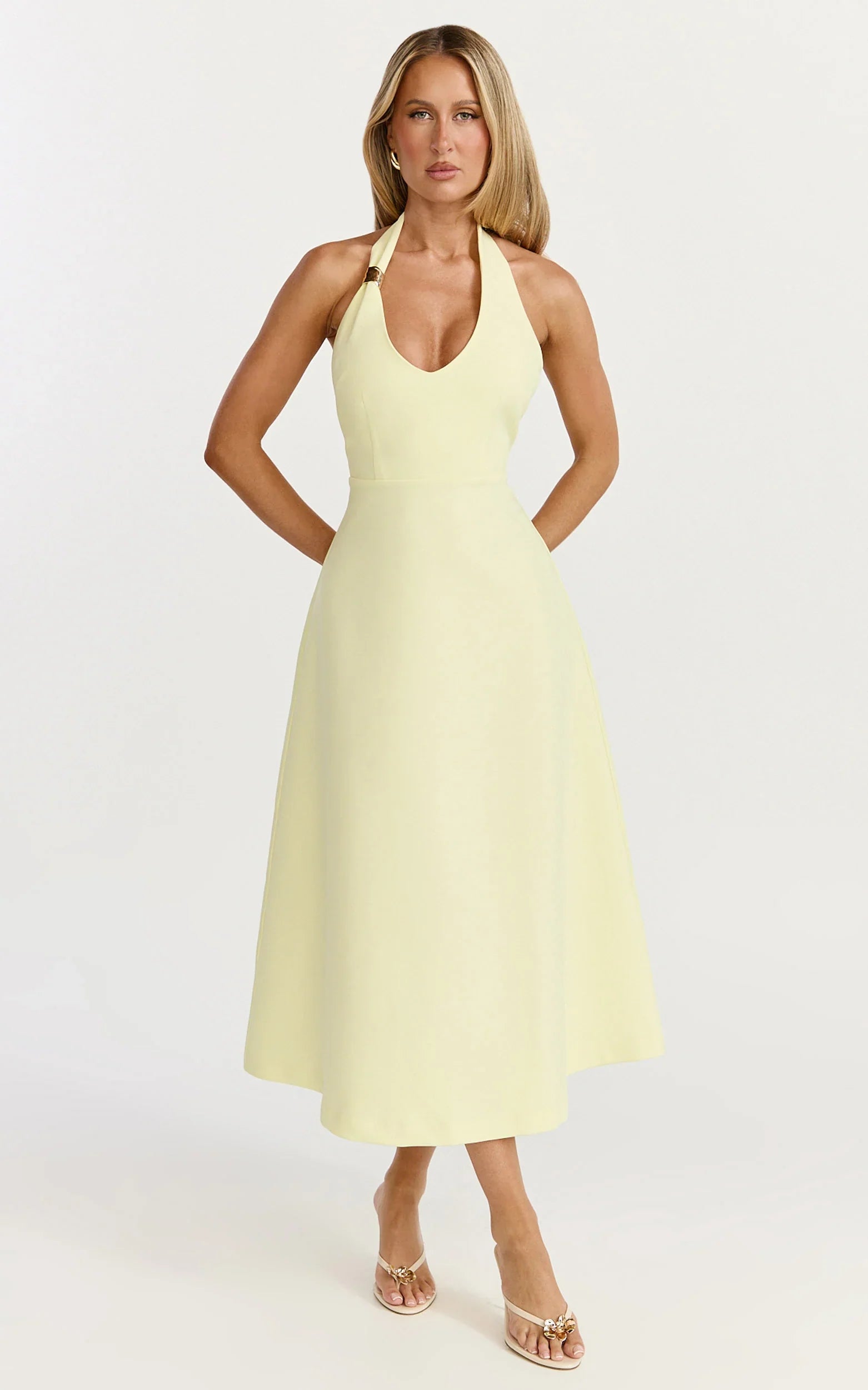 Leilani Midi Dress Plunge Neck Hardware Fit and Flare Dress in Lemon