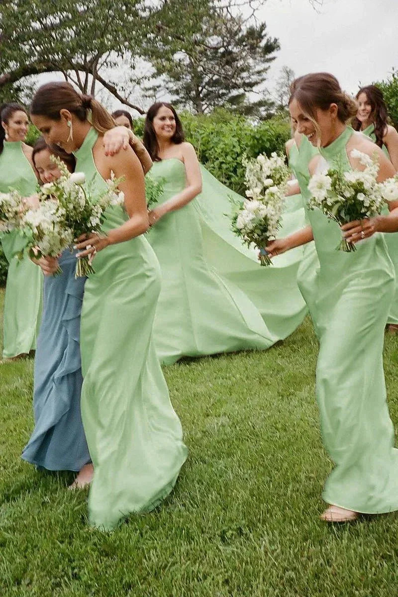 Sheath Halter White Silk Satin Long Bridesmaid Dresses
