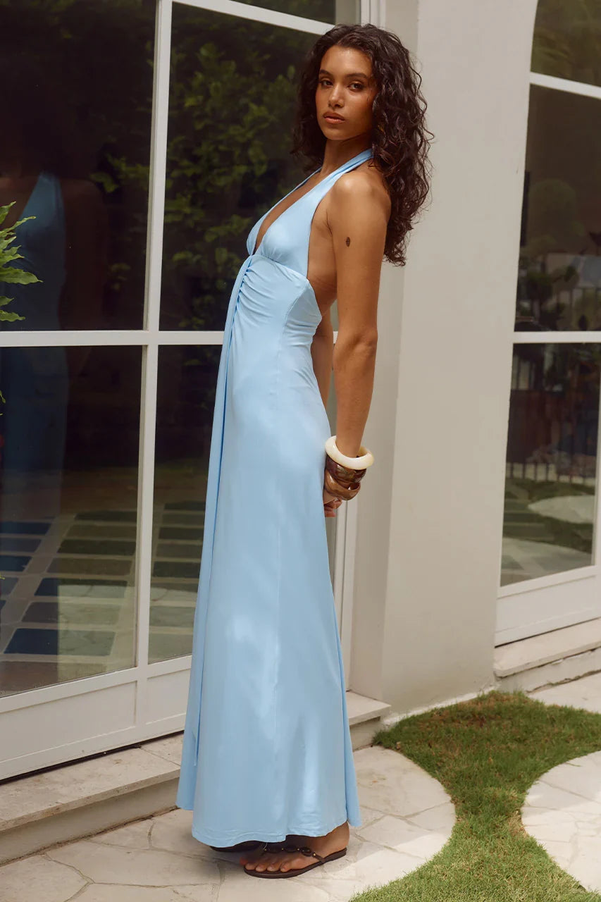 KAELI TIE FRONT HALTER MAXI DRESS SKY BLUE