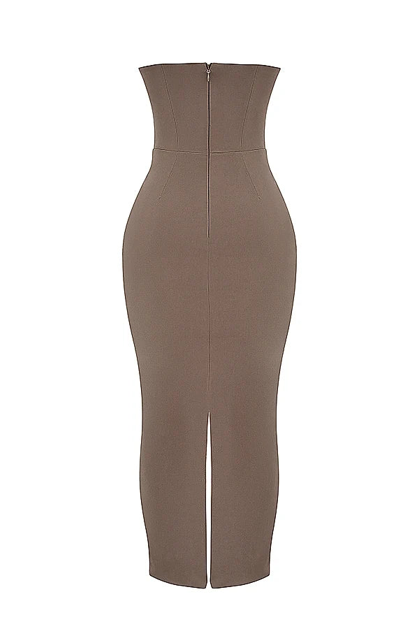 taupe strapless corset maxi dress
