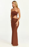 Fergie Maxi Dress Strapless Side Ruched Cut Out Fitted Dress in chestnut brown