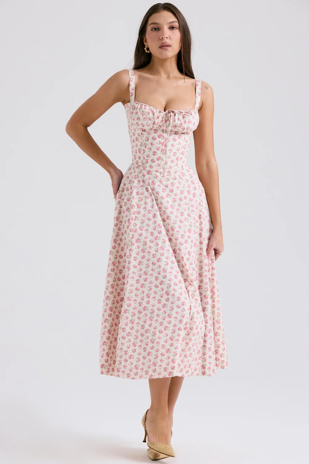 white rosebud print cotton bustier sundress
