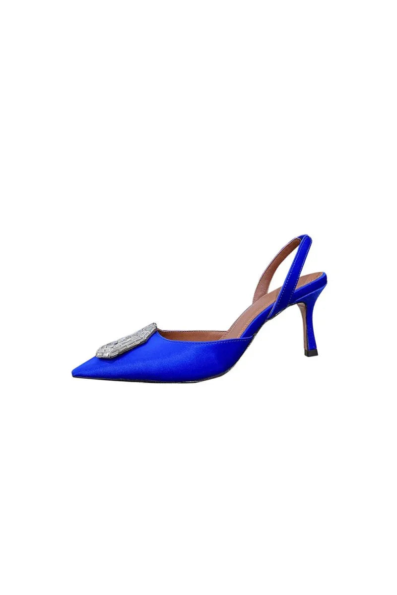 Royal Blue Satin Buckled Mid Heel Stiletto Sandals
