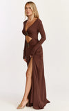 Sahara Maxi Dress Long Sleeve Cut Out Gold Trim Dress in Chocolate