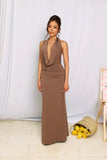 Silk Essence Halter Maxi Dress Brown