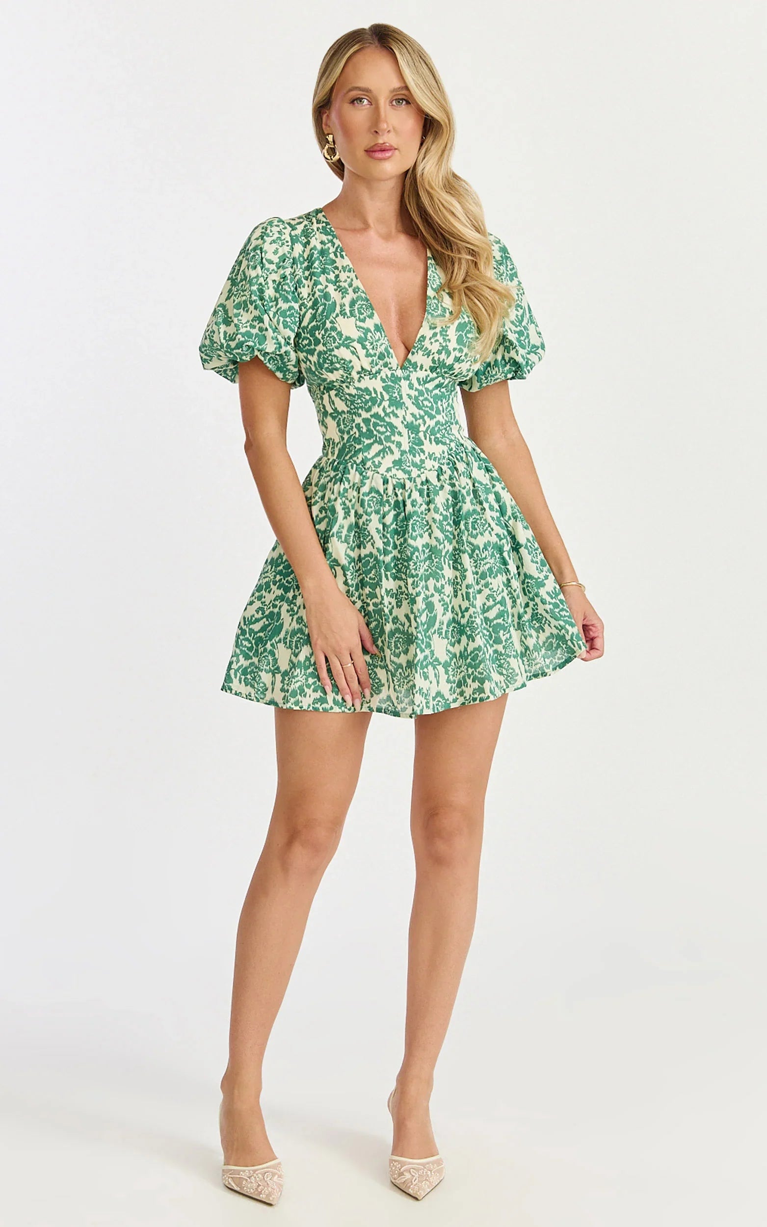 Nelli Mini Dress Short Puff Sleeve Shirred Back Dress in Green Silhouette