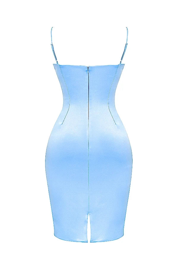 soft blue satin midi dress