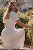 white stretch cotton puff sleeve midi dress