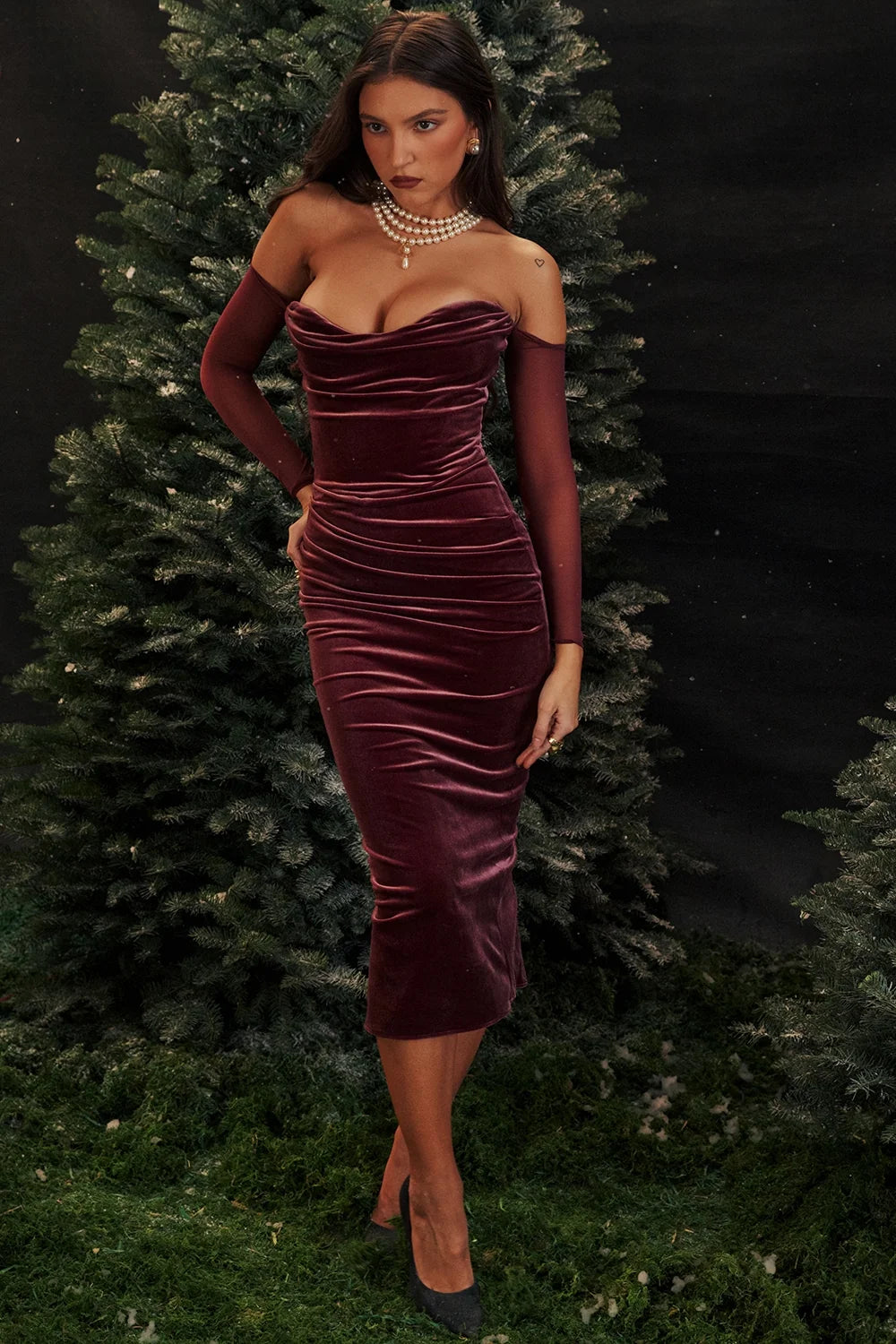 mulberry strapless midi dress