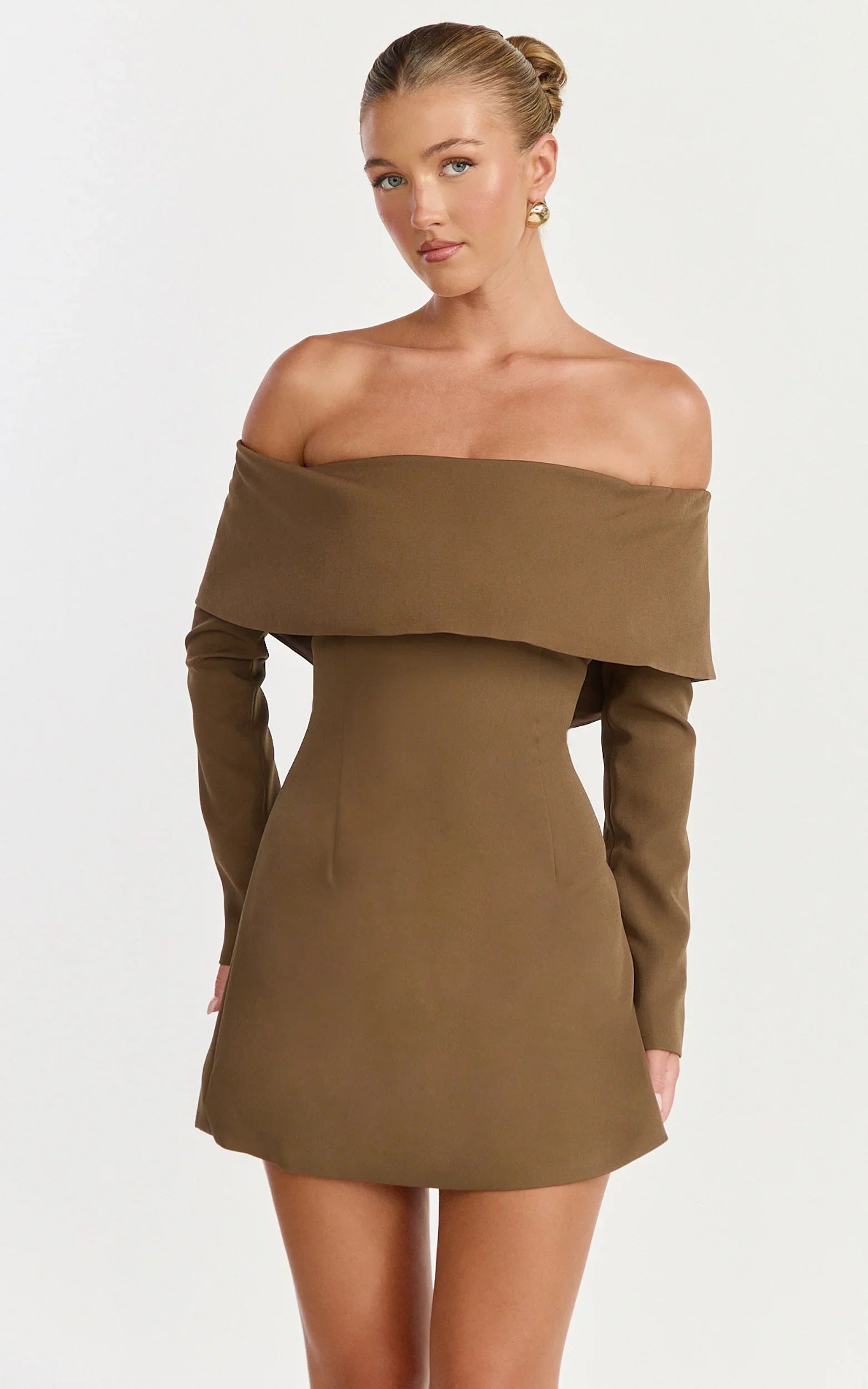 Marigold Mini Dress Off Shoulder Long Sleeve Dress in Mocha