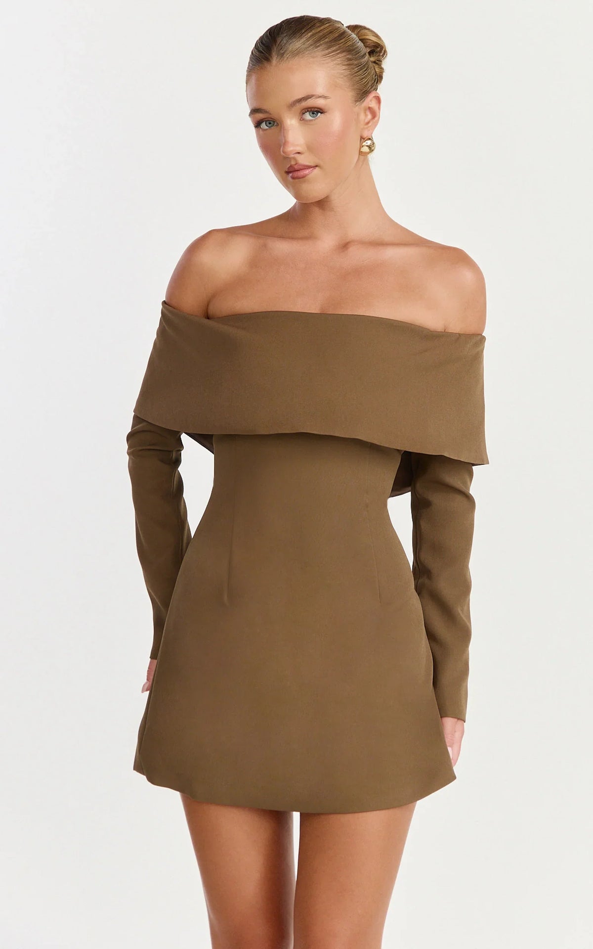 Marigold Mini Dress Off Shoulder Long Sleeve Dress in Mocha