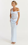 Elias Maxi Dress Twisted One Shoulder Cowl Dropped Waist Dress in Blue
