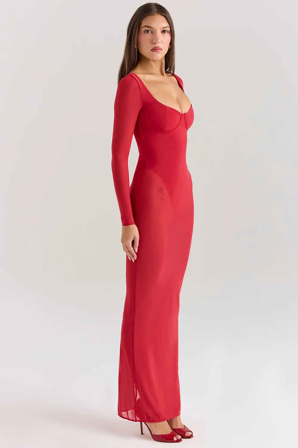 holly red mesh maxi dress with bodysuit