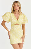 Diana Mini Dress Jacquard Short Sleeve Cut Out Dress in Lemon
