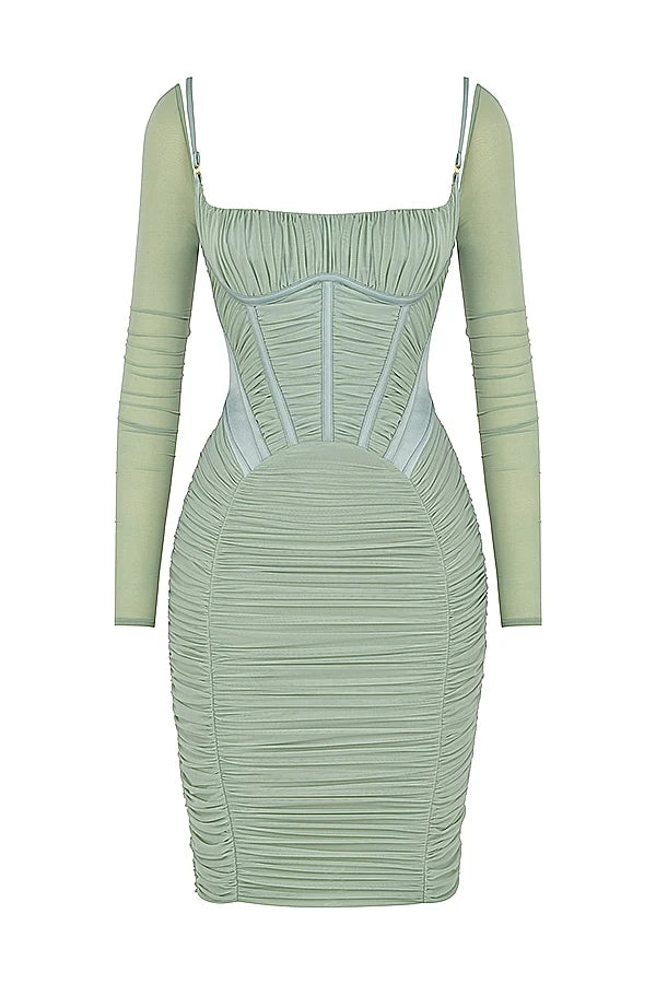 green gathered corset dress