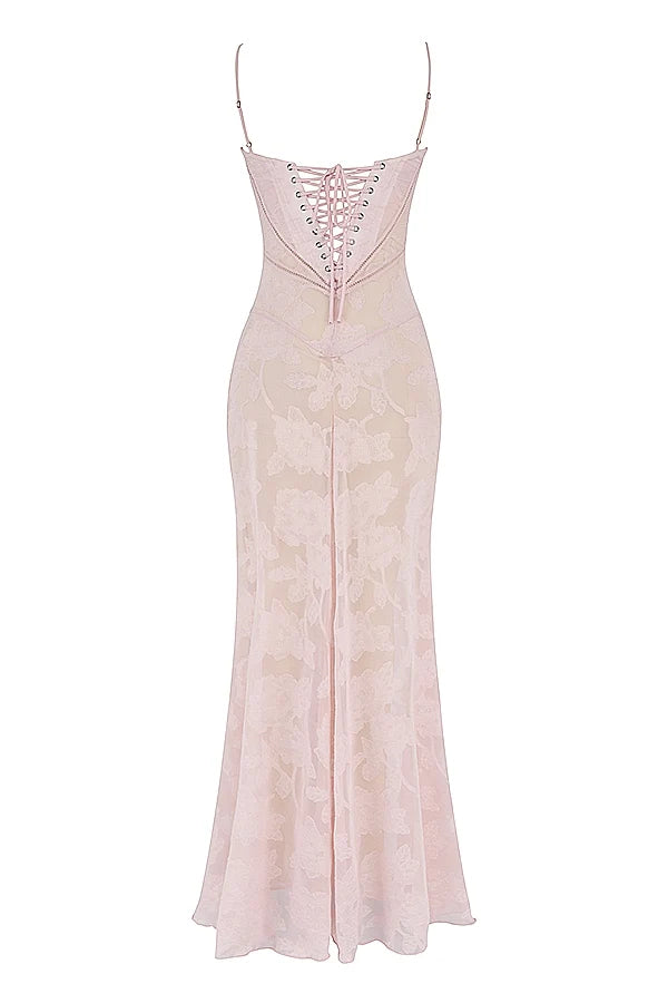 soft pink floral lace back maxi dress