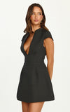 Jacqui Mini Dress Low Cut Notch Neck Structured Dress in Black