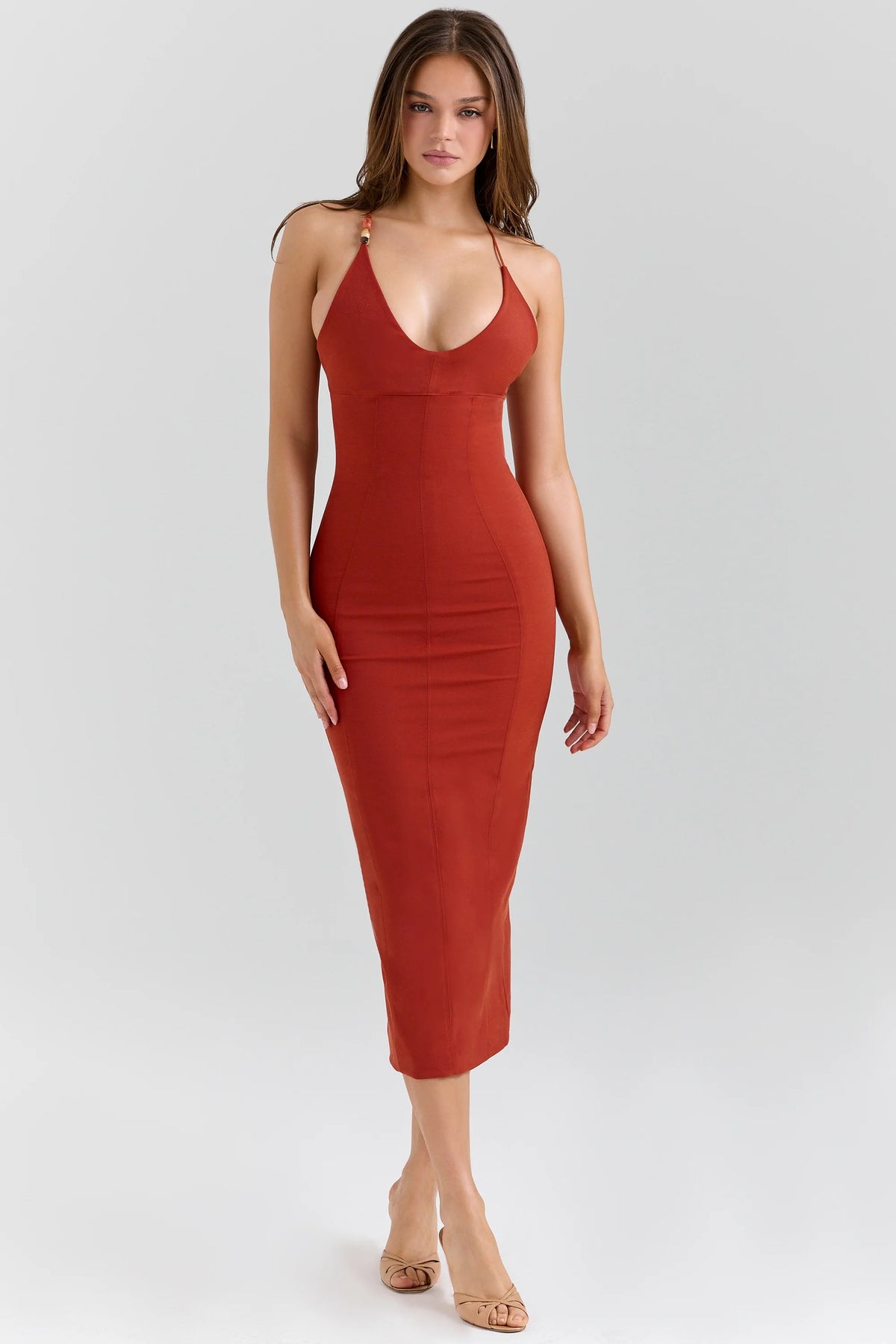 terracotta stretch cotton fitted midi dress
