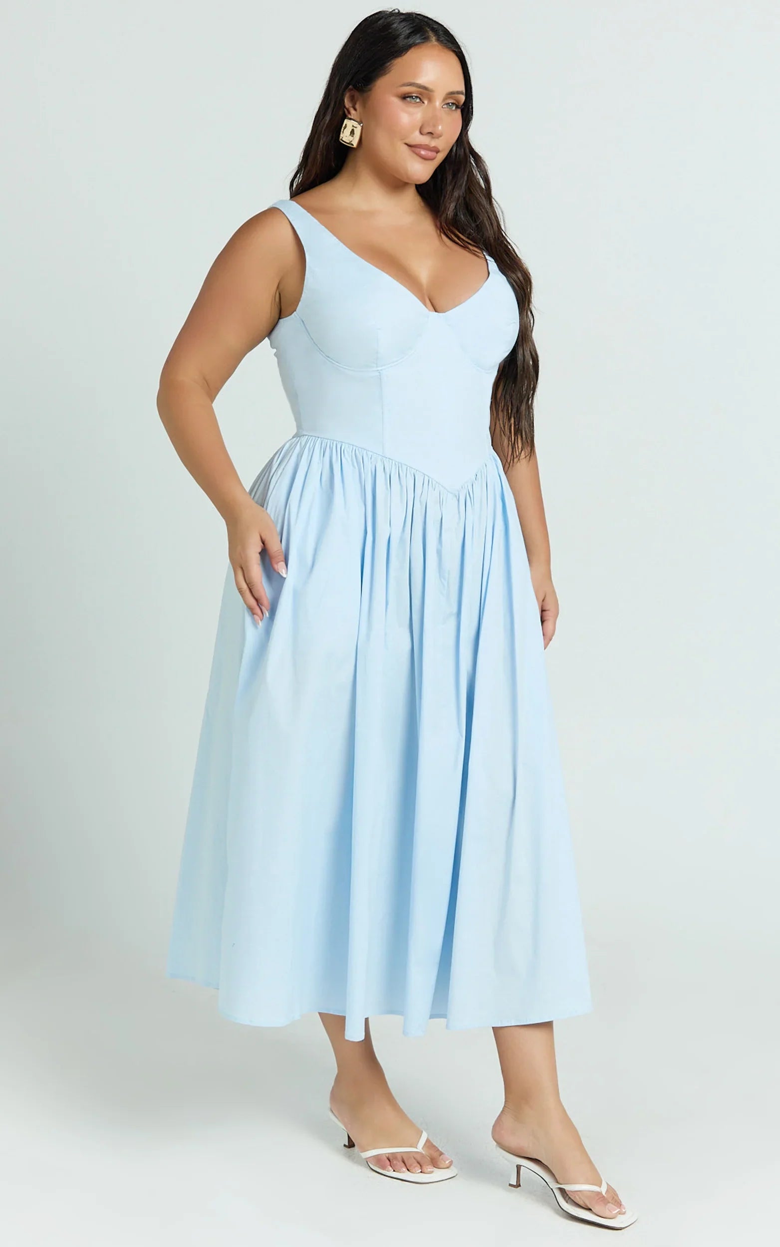 Beckett Midi Dress Scoop Neck Drop V Waist Gathered Skirt Dress in Blue