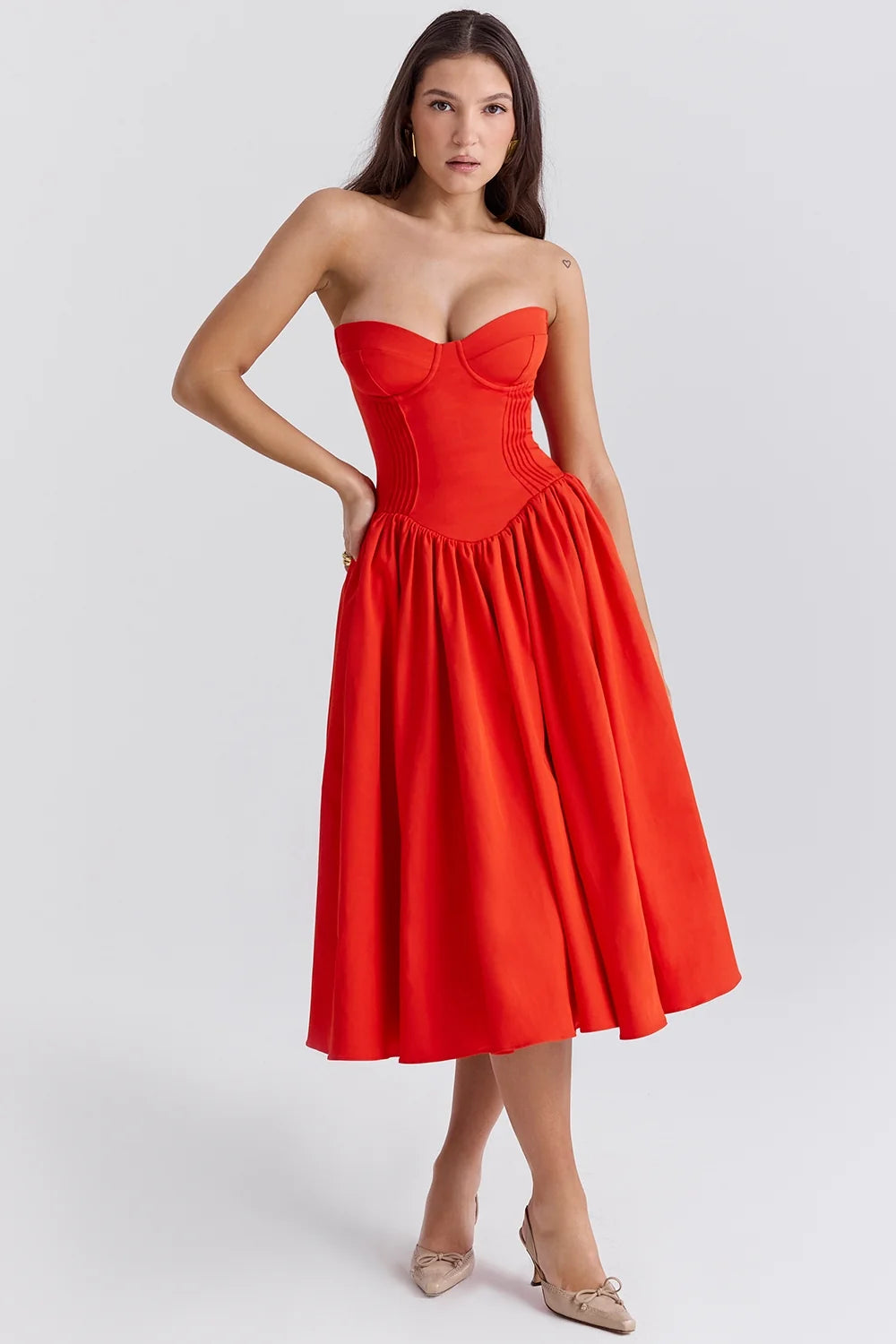 italian tomato strapless midi sundress