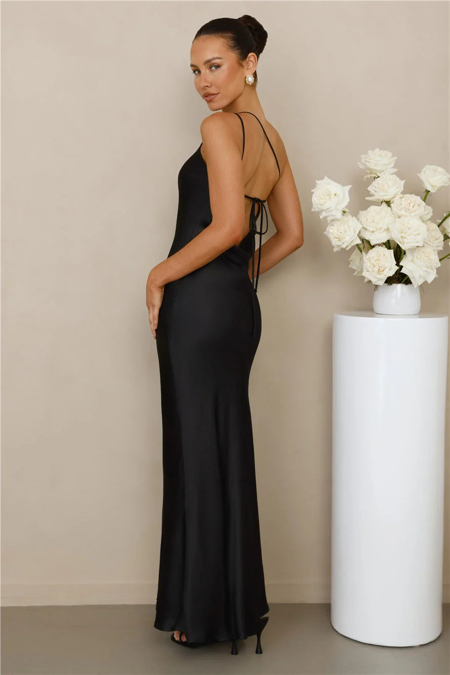 The Evangeline One Shoulder Satin Maxi Dress Black