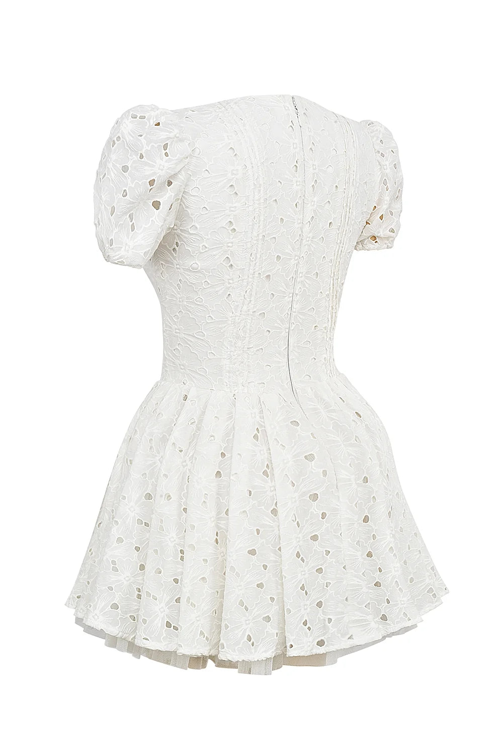white pleated broderie anglais mini dress