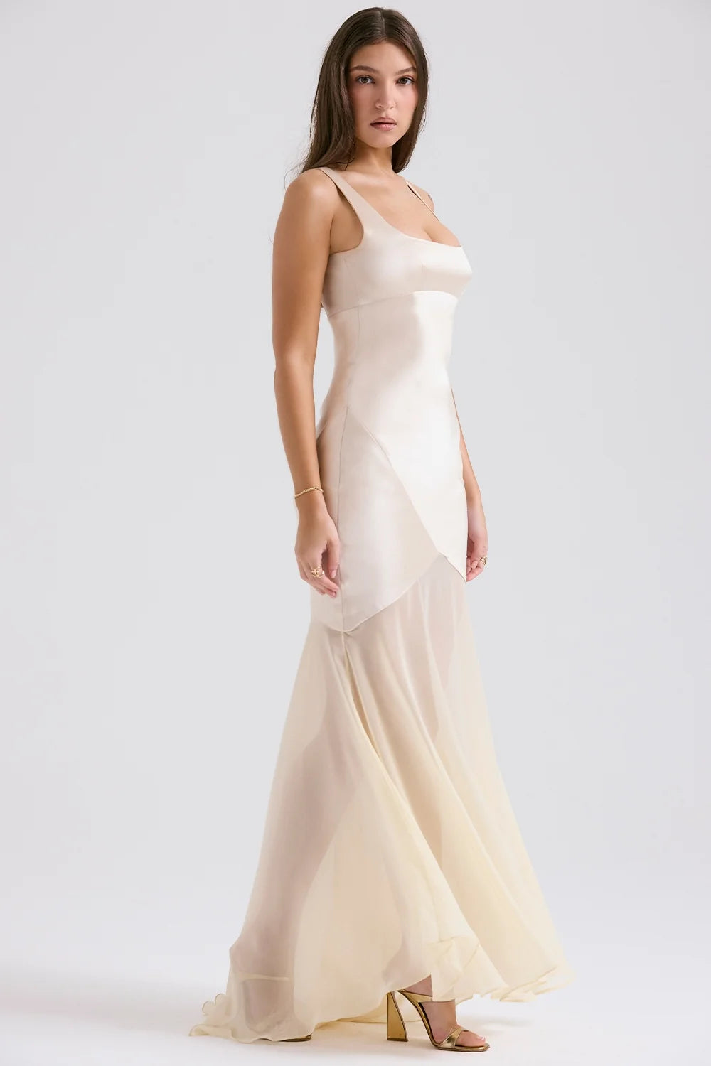 champagne chiffon floor length gown