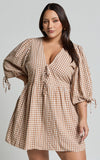 Rosita Mini Dress Tie Front Puff Sleeve Dress in Caramel White Gingham