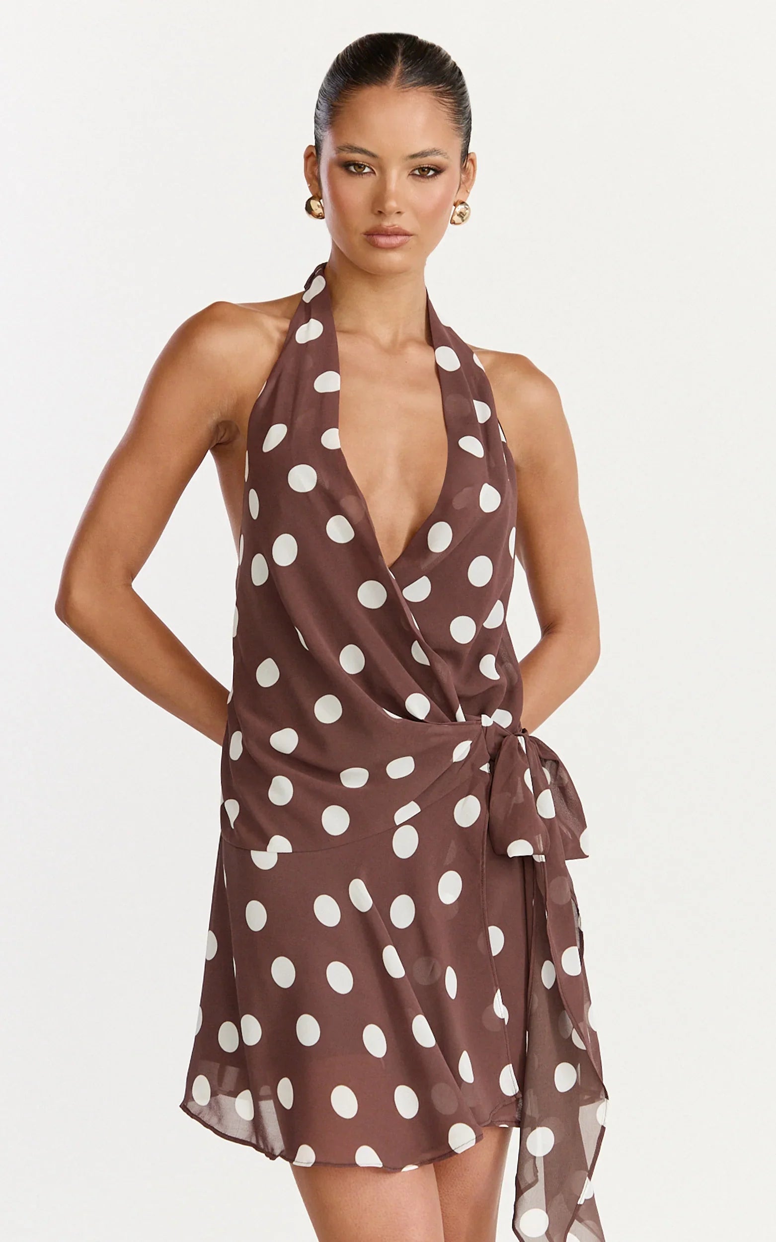 Lia Mini Dress Wrap Around Dress in Choc Polka Dot