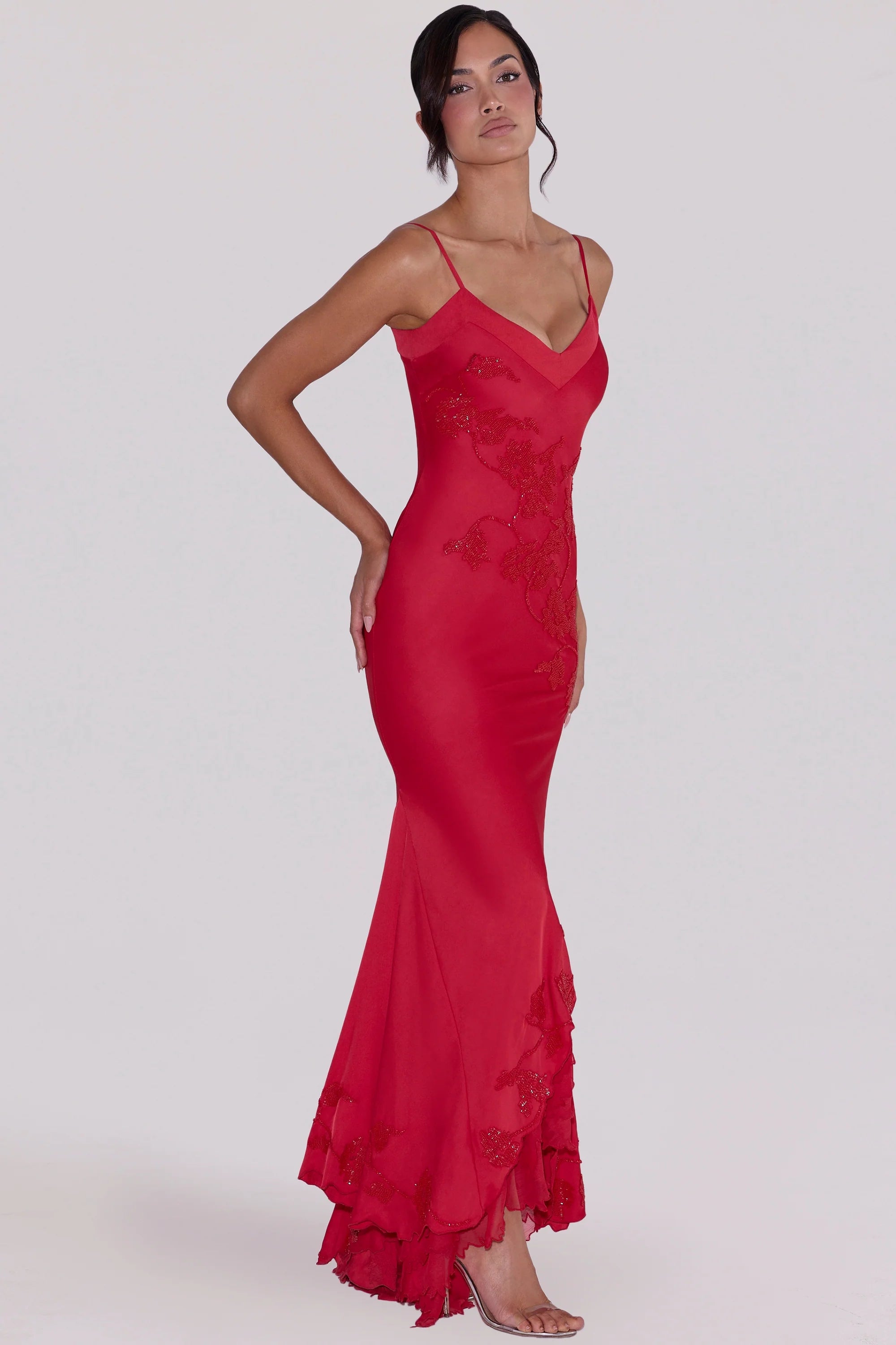 red hand beaded embellished satin maxi dress limited edition
