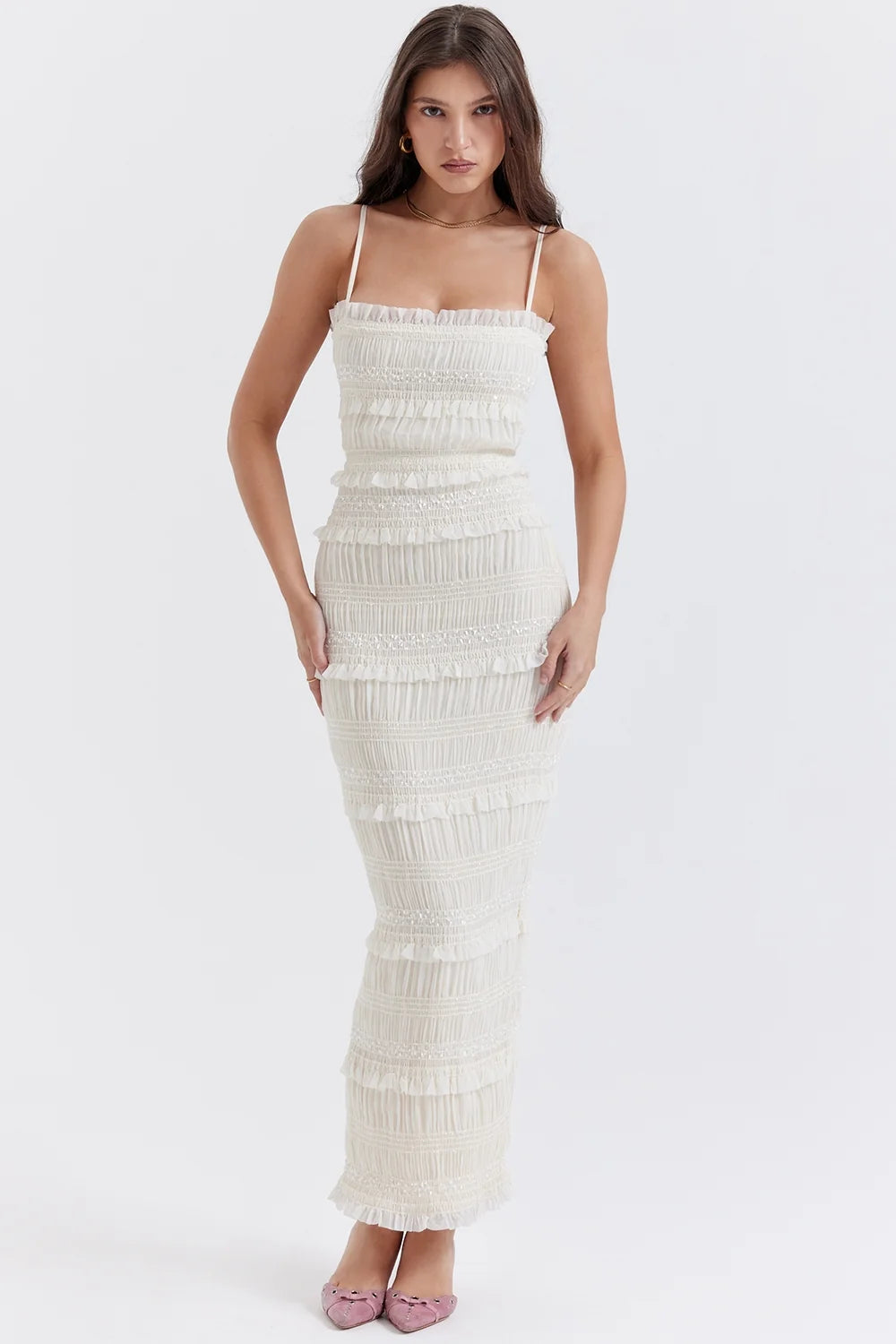 ivory sequin pleat maxi dress