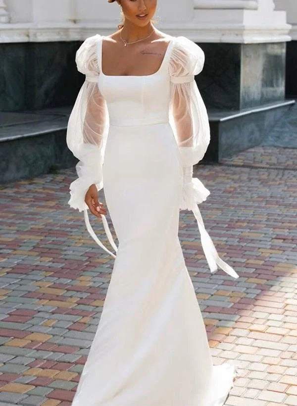 Mermaid Square Neckline Long Sleeves Satin Wedding Dresses