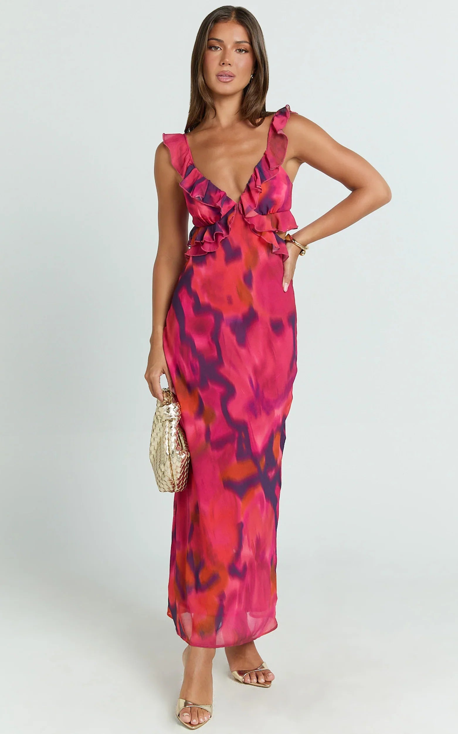 Alessa Midi Dress V Neck Frill Detail Empire Waist Back Cut Out Dress in Adeana Print
