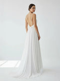 A Line V Neck Straps Spaghetti Sheath Chiffon Wedding Dress