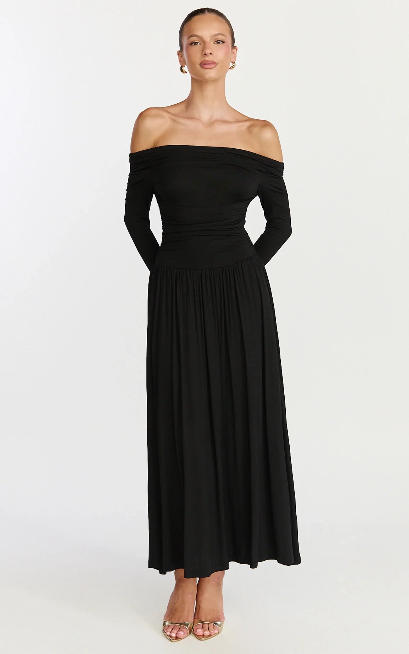 Antonia Midi Dress Off The Shoulder Long Sleeve Dress in Black
