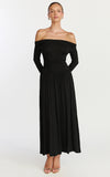 Antonia Midi Dress Off The Shoulder Long Sleeve Dress in Black