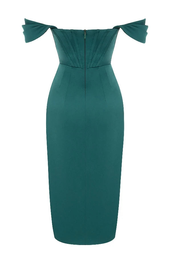 emerald green satin off shoulder dress
